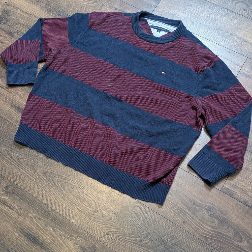 Tommy Hilfiger Striped Crewneck Sweater - Maroon and Navy Size 4XL‎